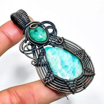 Ювелирный кулон из медной проволоки с амазонитом и хризопразом длиной 2,56 дюйма 2.56 синий