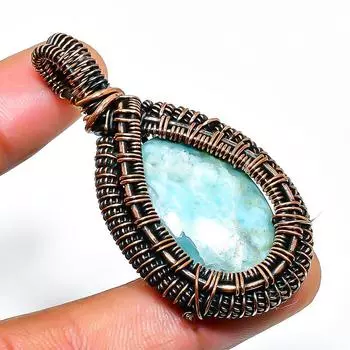 Ювелирный кулон из медной проволоки с драгоценным камнем Republic Larimar, ручная работа, 2,17 дюйма 2.17 синий