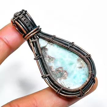 Ювелирный кулон из медной проволоки с драгоценным камнем Republic Larimar, ручная работа, 2,36 дюйма 2.36 синий