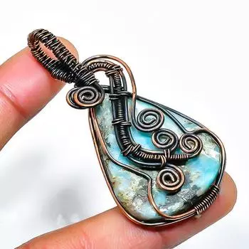 Ювелирный кулон из медной проволоки с драгоценным камнем Republic Larimar, ручная работа, 2,36 дюйма 2.36 синий