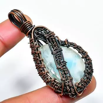 Ювелирный кулон из медной проволоки с драгоценным камнем Republic Larimar, ручная работа, 2,17 дюйма 2.17 синий