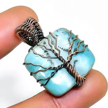 Ювелирный кулон из медной проволоки с драгоценным камнем Republic Larimar, ручная работа, 1,38 дюйма 1.38 синий