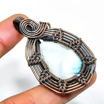 Ювелирный кулон из медной проволоки с драгоценным камнем Republic Larimar, ручная работа, 2,17 дюйма 2.17 синий