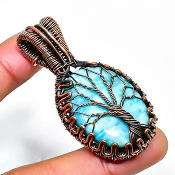 Ювелирный кулон из медной проволоки с драгоценным камнем Republic Larimar, ручная работа, 2,36 дюйма 2.36 синий