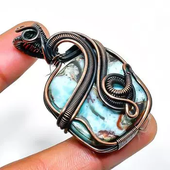 Ювелирный кулон из медной проволоки с драгоценным камнем Republic Larimar, ручная работа, 2,17 дюйма 2.17 синий