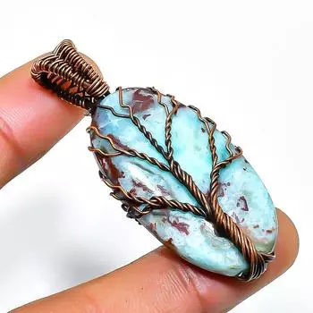 Ювелирный кулон из медной проволоки с драгоценным камнем Republic Larimar, ручная работа, 2,17 дюйма 2.17 синий