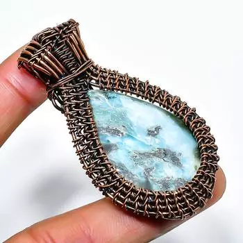 Ювелирный кулон из медной проволоки с драгоценным камнем Republic Larimar, ручная работа, 2,17 дюйма 2.17 синий