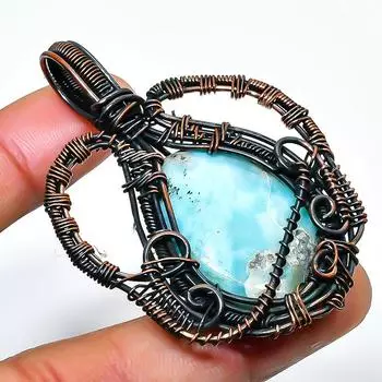 Ювелирный кулон из медной проволоки с драгоценным камнем Republic Larimar, ручная работа, 2,17 дюйма 2.17 синий