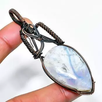 Ювелирный кулон из медной проволоки с радужным лунным камнем, ручная работа, 2,96 дюйма 2.96 белый