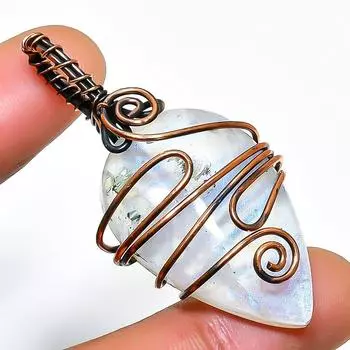 Ювелирный кулон из медной проволоки с радужным лунным камнем, ручная работа, 1,58 дюйма 1.58 белый