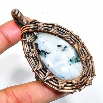 Ювелирный кулон из медной проволоки с радужным лунным камнем, ручная работа, 2,76 дюйма 2.76 белый