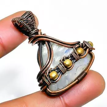 Ювелирный кулон из медной проволоки с радужным лунным камнем, ручная работа, 1,58 дюйма 1.58 белый