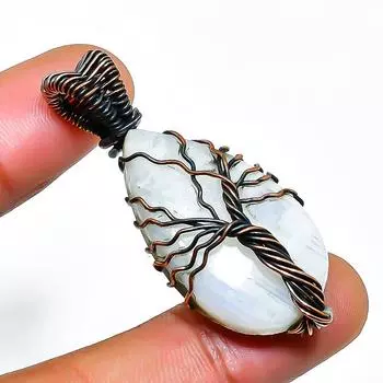 Ювелирный кулон из медной проволоки с радужным лунным камнем, ручная работа, 1,58 дюйма 1.58 белый