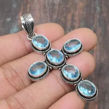 Ювелирный кулон из стерлингового серебра 925 пробы ручной работы из швейцарского синего топаза с драгоценным камнем для нее 2.56 Inches синий