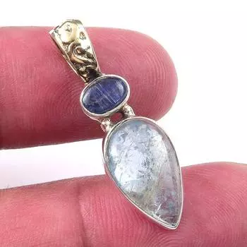 Ювелирный кулон из стерлингового серебра 925 пробы с натуральным аквамарином и кианитом 1,25 дюйма V3E71