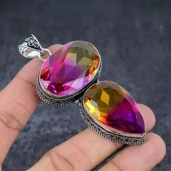 Ювелирный кулон из стерлингового серебра 925 пробы с натуральным двухцветным турмалином 3,31 дюйма e0b20