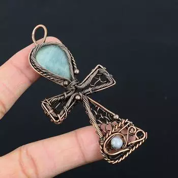 Ювелирный кулон ручной работы из чистой медной проволоки с аквамарином и лунным камнем на День Благодарения 3.46 Inches синий