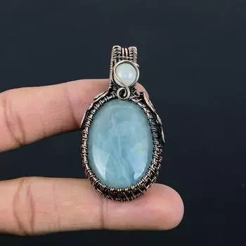 Ювелирный кулон ручной работы из чистой медной проволоки с аквамарином и лунным камнем на День Благодарения 2.56 Inches синий