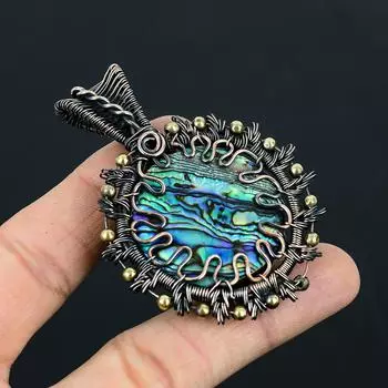 Ювелирный кулон ручной работы из чистой медной проволоки из ракушки морского ушка с драгоценным камнем для женщин 2.56 inches синий