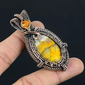 Ювелирный кулон ручной работы из чистой медной проволоки с яшмой и цитрином 2.56 Inches жёлтый