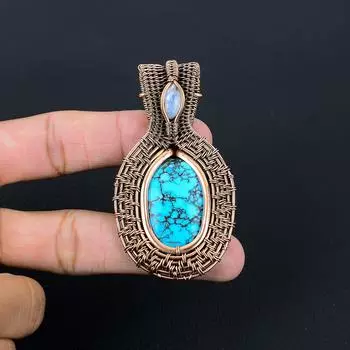 Ювелирный кулон ручной работы из чистой медной проволоки с бирюзой и лунным камнем, на День памяти 2.56 Inches синий