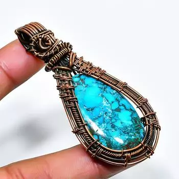 Ювелирный кулон ручной работы из медной проволоки с тибетским бирюзовым драгоценным камнем 2,56 дюйма 2.56 синий