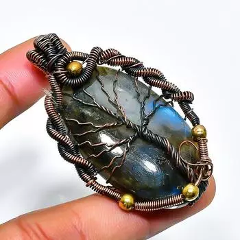 Ювелирный кулон ручной работы из медной проволоки с лабрадоритом 2,17 дюйма 2.17 чёрный