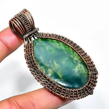 Ювелирный кулон ручной работы из медной проволоки с индийским агатом и мохом, 2,56 дюйма 2.56 зелёный