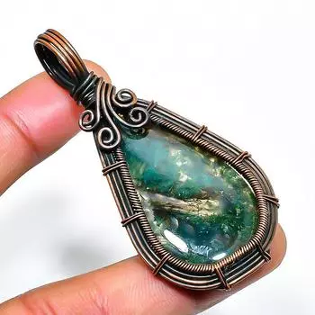 Ювелирный кулон ручной работы из медной проволоки с индийским агатом и мохом, 2,56 дюйма 2.56 зелёный