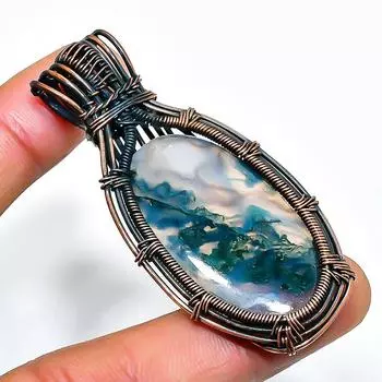 Ювелирный кулон ручной работы из медной проволоки с индийским моховым агатом и агатом 2,36 дюйма 2.36 зелёный