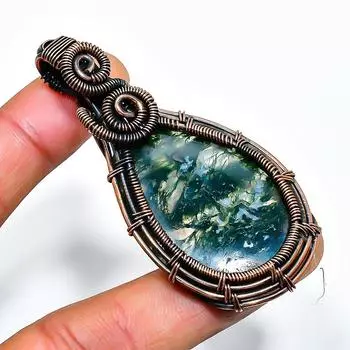 Ювелирный кулон ручной работы из медной проволоки с индийским агатом и мохом, 2,56 дюйма 2.56 зелёный