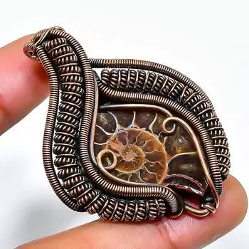 Ювелирный кулон ручной работы из медной проволоки, ископаемый драгоценный камень аммонит, 1,97 дюйма 1.97 коричневый
