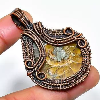 Ювелирный кулон ручной работы из медной проволоки, ископаемый драгоценный камень аммонит, 1,97 дюйма 1.97 коричневый