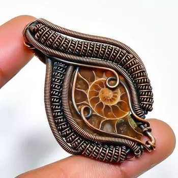 Ювелирный кулон ручной работы из медной проволоки, ископаемый драгоценный камень аммонит, 1,97 дюйма 1.97 коричневый