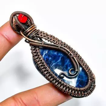 Ювелирный кулон ручной работы из медной проволоки содалит и коралловый драгоценный камень 2,76 дюйма 2.76 синий