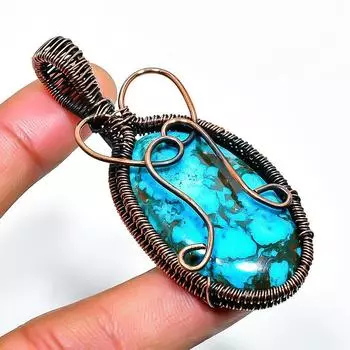Ювелирный кулон ручной работы из медной проволоки с тибетским бирюзовым драгоценным камнем 2,56 дюйма 2.56 синий