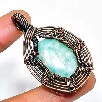 Ювелирный кулон ручной работы из медной проволоки с аквамарином и драгоценным камнем длиной 1,97 дюйма 1.97 синий