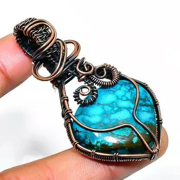 Ювелирный кулон ручной работы из медной проволоки с тибетским бирюзовым драгоценным камнем 2,17 дюйма 2.17 синий