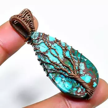 Ювелирный кулон ручной работы из медной проволоки с тибетским бирюзовым драгоценным камнем 2,17 дюйма 2.17 синий