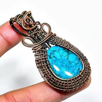 Ювелирный кулон ручной работы из медной проволоки с тибетским бирюзовым драгоценным камнем 2,17 дюйма 2.17 синий