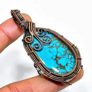 Ювелирный кулон ручной работы из медной проволоки с тибетским бирюзовым драгоценным камнем 2,56 дюйма 2.56 синий