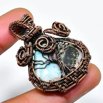 Ювелирный кулон ручной работы из медной проволоки с драгоценным камнем Республика Ларимар 1,58 дюйма 1.58 синий