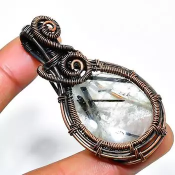 Ювелирный кулон ручной работы из медной проволоки с черным рутилом и драгоценным камнем длиной 2,36 дюйма 2.36 чёрный