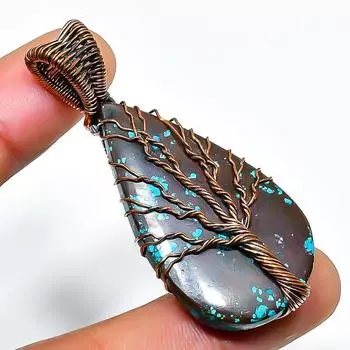 Ювелирный кулон ручной работы из медной проволоки с тибетским бирюзовым драгоценным камнем 1,97 дюйма 1.97 синий