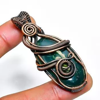 Ювелирный кулон ручной работы из медной проволоки с индийским моховым агатом и драгоценным камнем 2,17 дюйма 2.17 зелёный