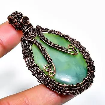 Ювелирный кулон ручной работы из медной проволоки с драгоценным камнем хризопраз 2,17 дюйма 2.17 зелёный