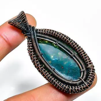 Ювелирный кулон ручной работы из медной проволоки с индийским моховым агатом и драгоценным камнем 2,17 дюйма 2.17 зелёный