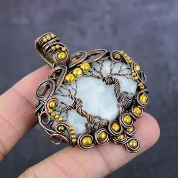 Ювелирный кулон ручной работы из медной проволоки с натуральным радужным лунным камнем 2,4 дюйма p2O82