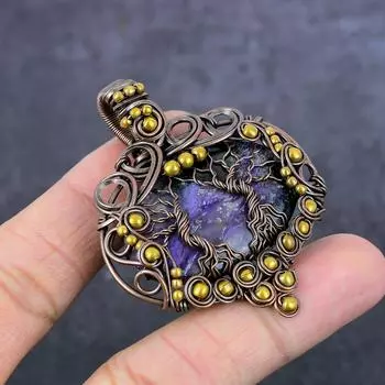 Ювелирный кулон ручной работы из медной проволоки с натуральным русским чароитом 2,24 дюйма q2R79