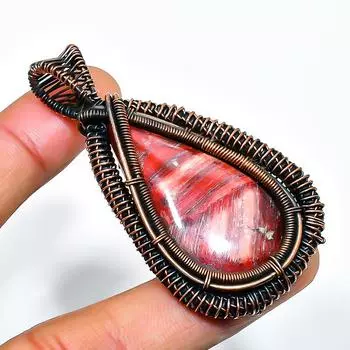 Ювелирный кулон ручной работы из медной проволоки с красным змеиной кожей и драгоценным камнем длиной 2,36 дюйма 2.36 красный